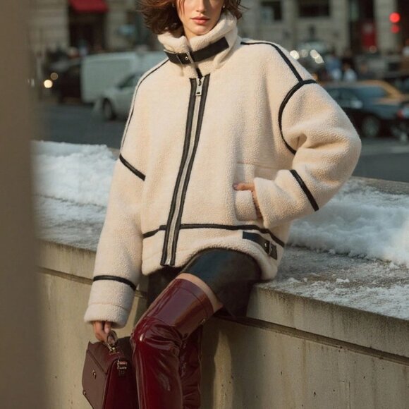 Jackets & Blazers - Beige Casual Women's Fleece Thick Faux Leather Patchwork Loose Short Jacket